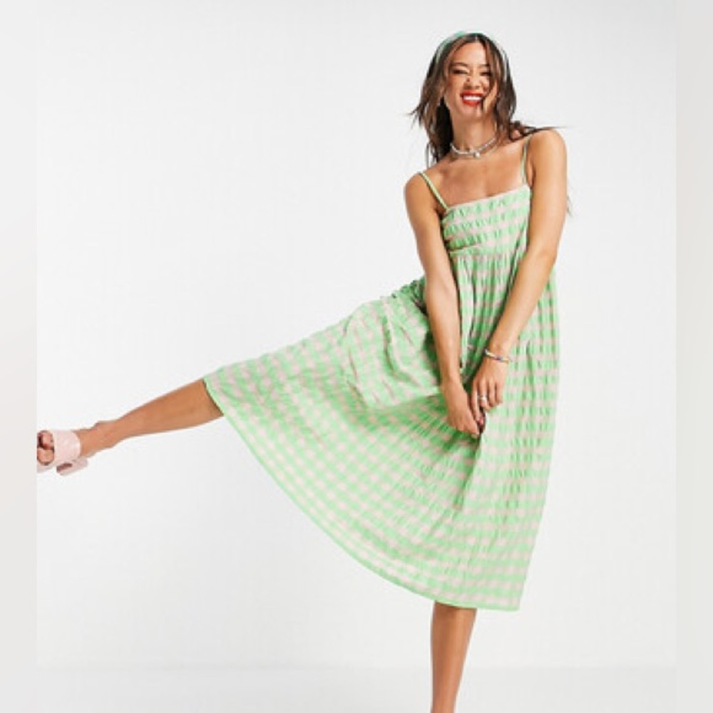 ASOS Green and White Pleated Midi Sundress